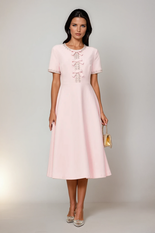 Pink Midi Dress with Bows and Crystal Embellishments