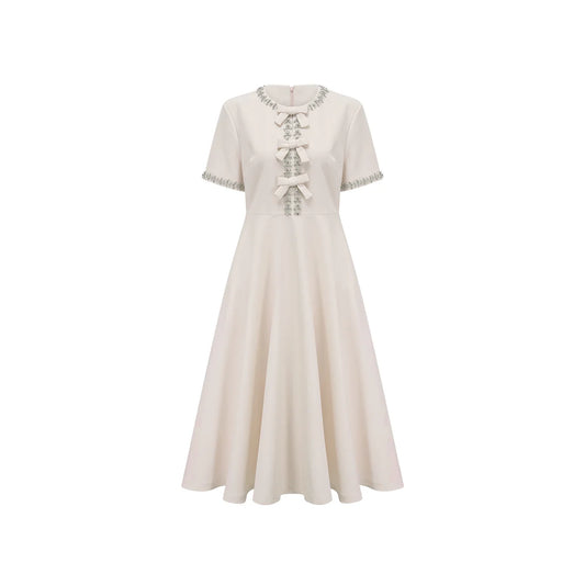 White Midi Dress with Bows and Crystal Embellishments