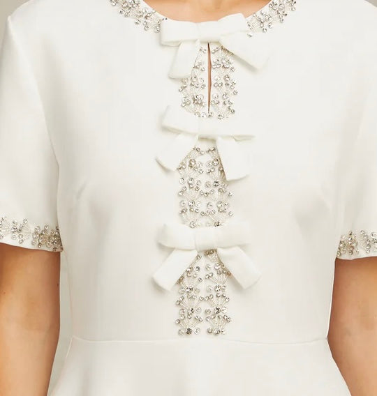 White Midi Dress with Bows and Crystal Embellishments