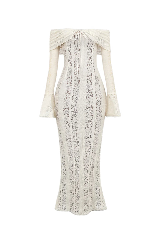 Ivoire Off-Shoulder Lace Gown with Sleeves