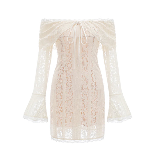 Ivory Off-Shoulder Lace Gown with Sleeves