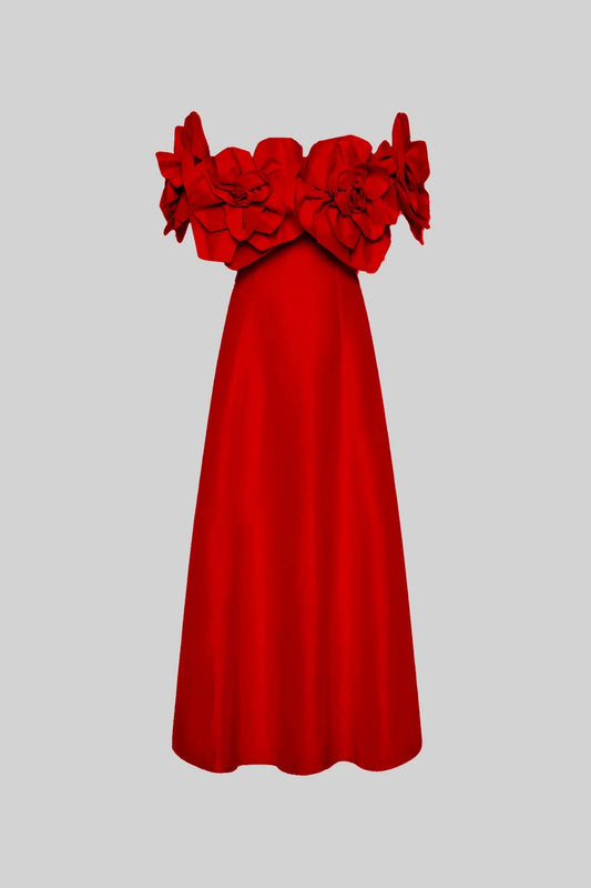 Red 3D floral off-shoulder midi dress
