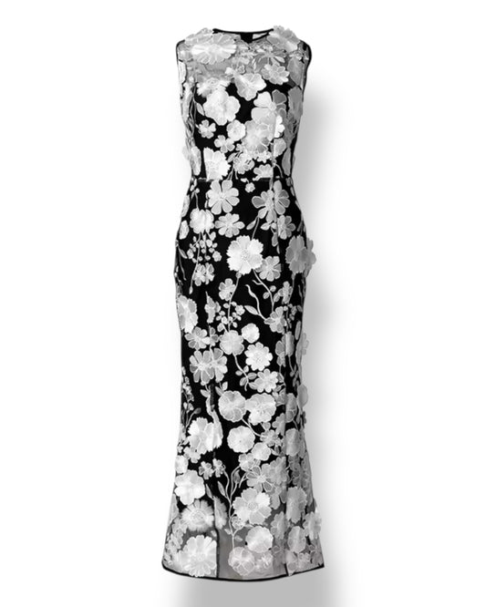 Black Sheer Dress With Fitted Waist And Floral Appliques