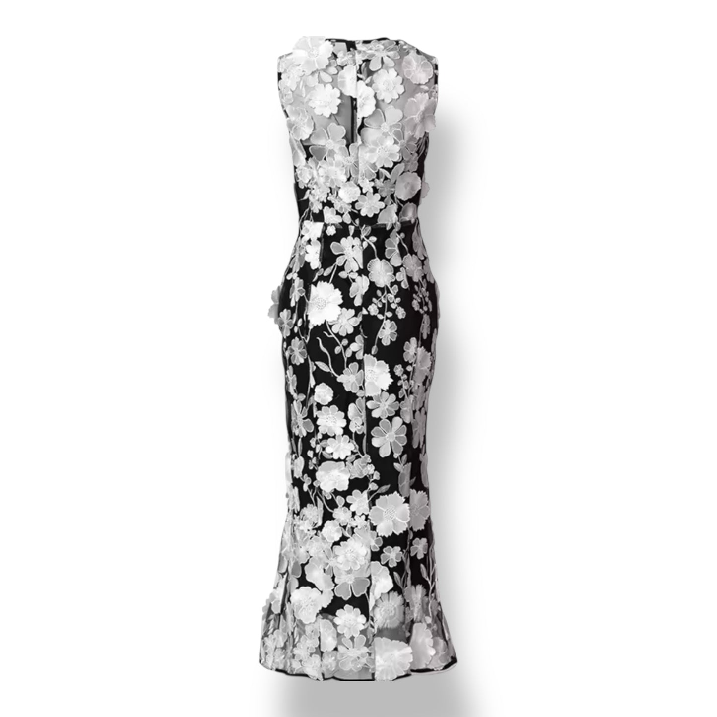 Black Sheer Dress With Fitted Waist And Floral Appliques