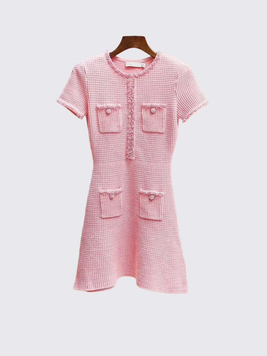 Pink Tweed Mini Dress With Pearl Embellished Details