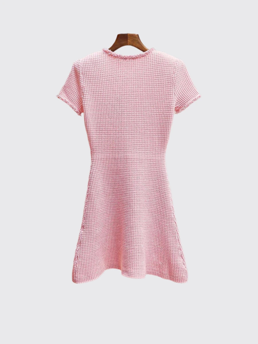 Pink Tweed Mini Dress With Pearl Embellished Details